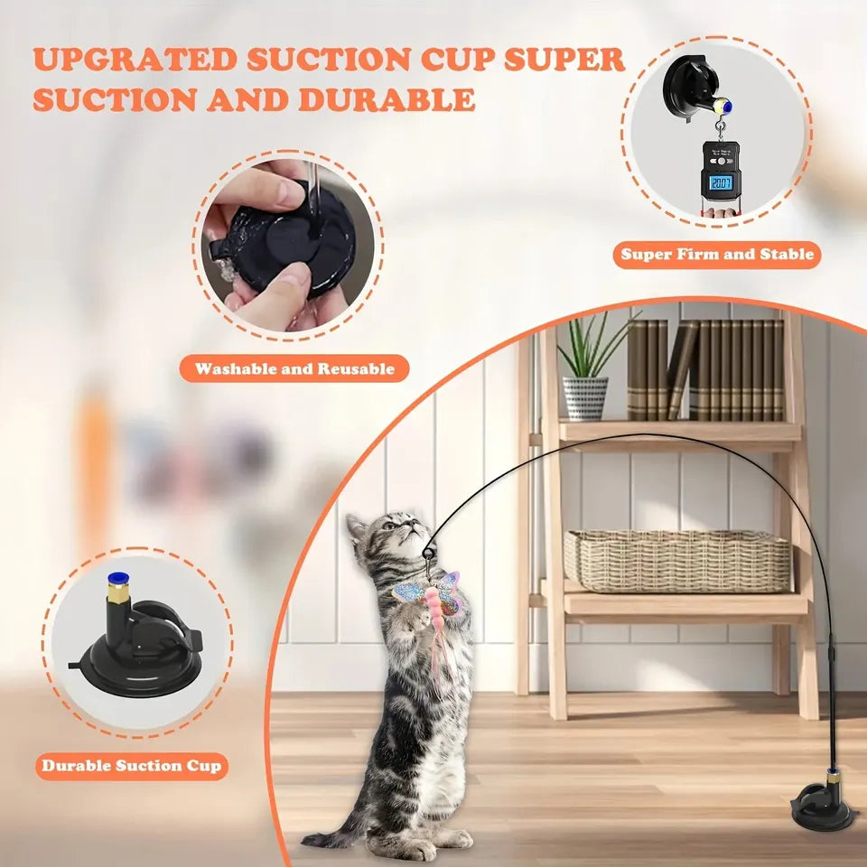 Interactive Cat Teaser Toy – Feather & Bell Wand with Suction Cup